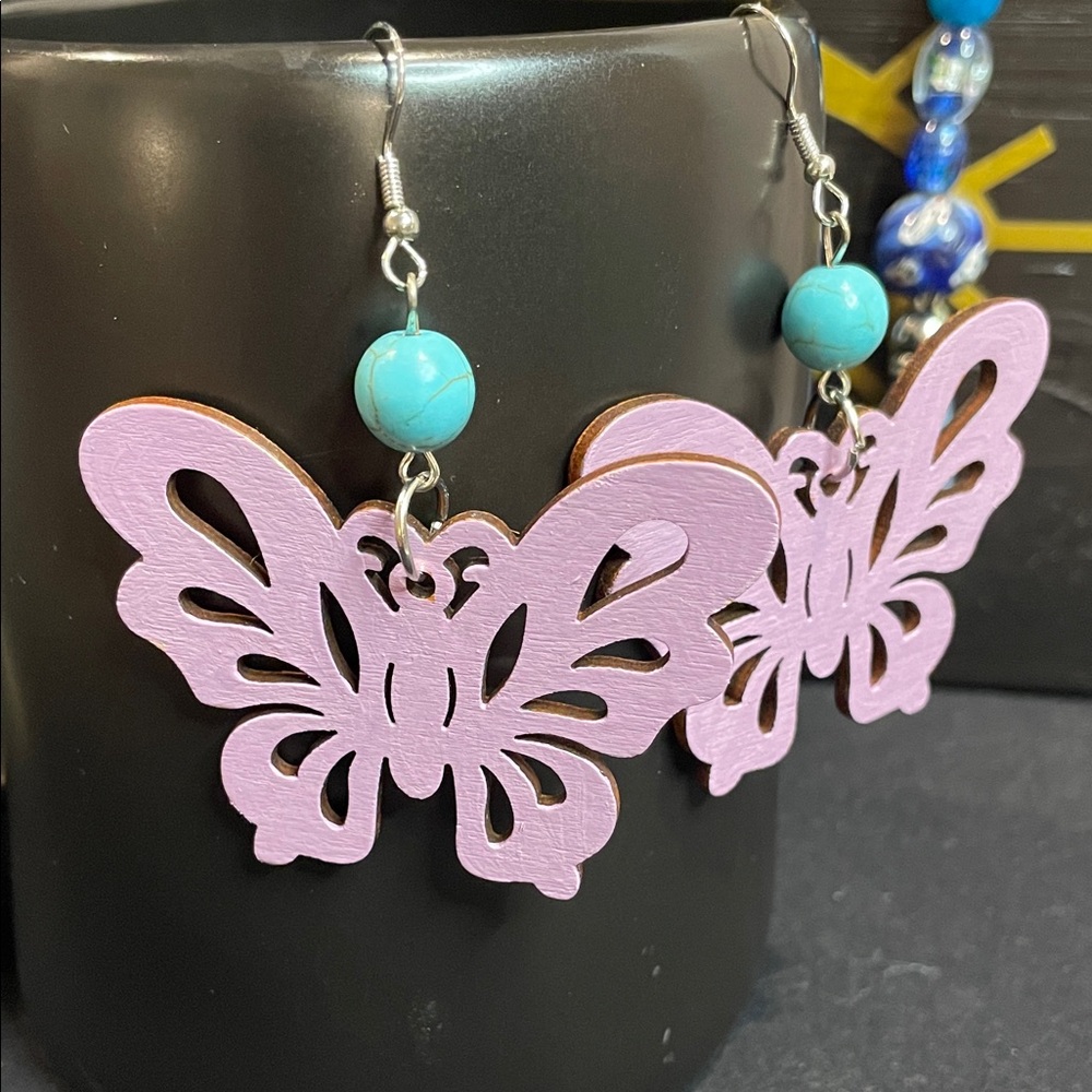 Wooden Lavender Butterfly Earrings with Turquoise Beads - Picture 2 of 3